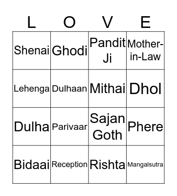 Saloni's Bridal Shower Bingo Card