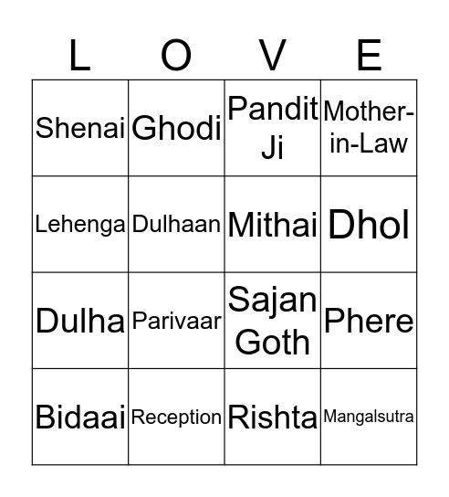 Saloni's Bridal Shower Bingo Card