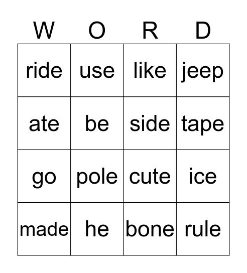 Long Vowel Sounds  Bingo Card