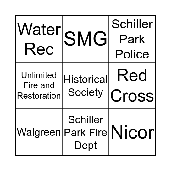 Schiller Park Fire Department Bingo Card