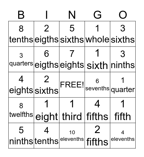 Fractions as Words Bingo Card