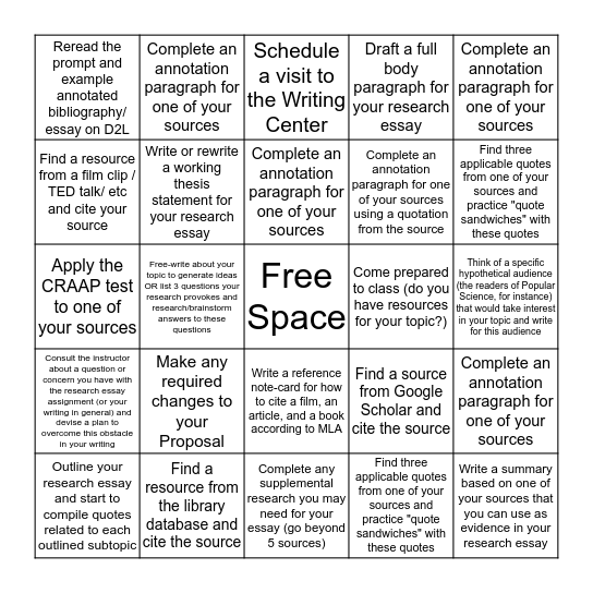 Research Bingo Card
