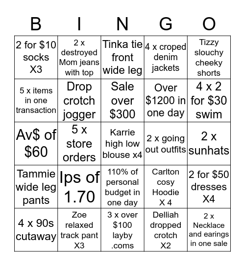 Sell sell sell Bingo Card