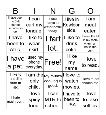 ice breaker Bingo Card