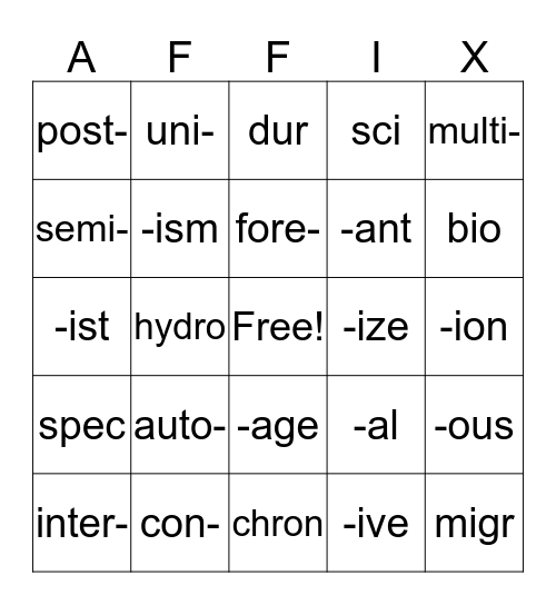 Affixes Bingo Card