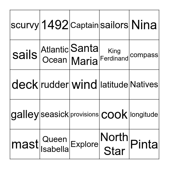 Ahoy! Columbus Bingo Card