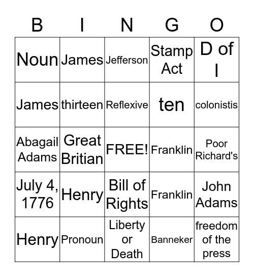 English III-Butler Bingo Card