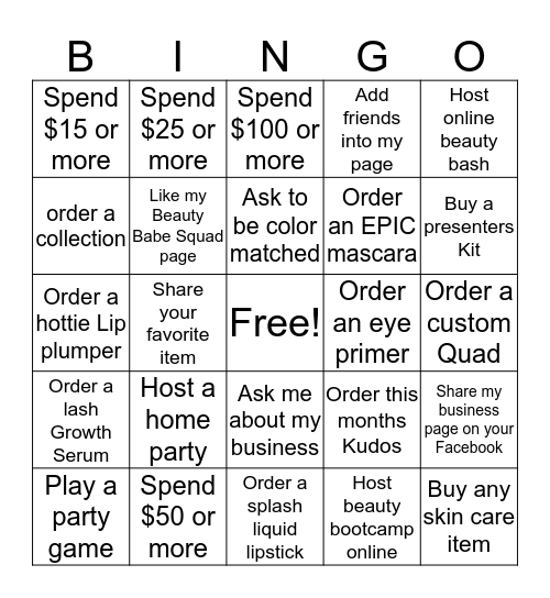 Beauty Babe Bingo Card