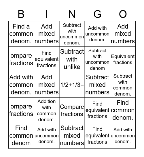 Math Fraction Bingo Card