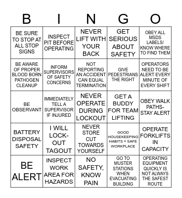 SAFETY BINGO Card