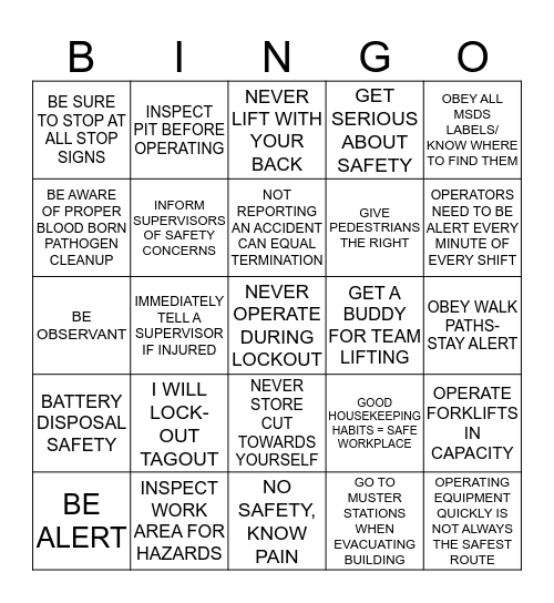 Safety Bingo Card