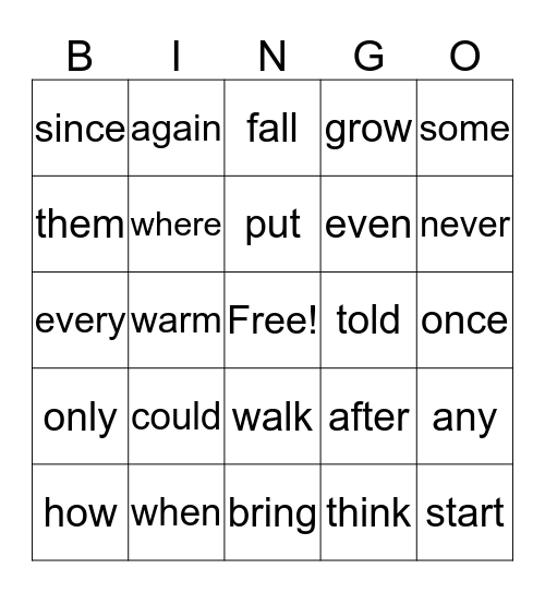 2nd grade Bingo Card