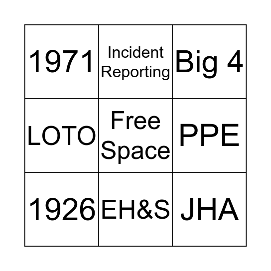 Safety Bingo Card