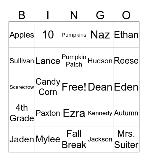 Fall Party - Mrs. Suiter Bingo Card