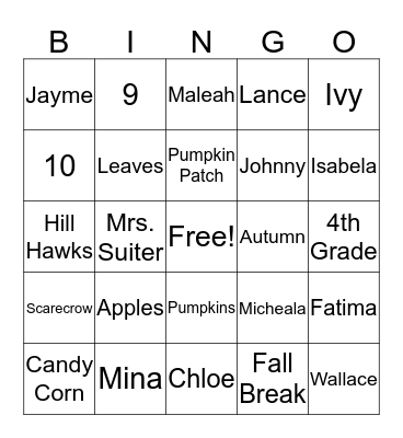 Fall Party - Mrs. Suiter Bingo Card