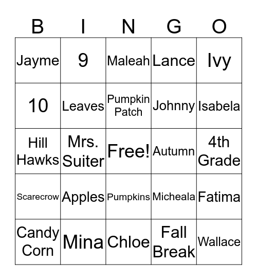 Fall Party - Mrs. Suiter Bingo Card