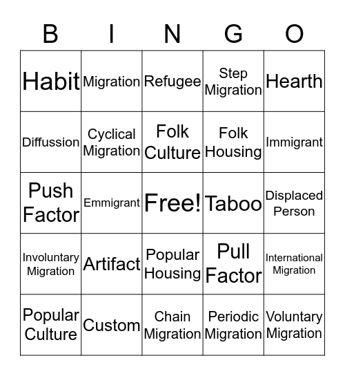Ch. 3 Migration & Ch. 4 Culture Bingo Card
