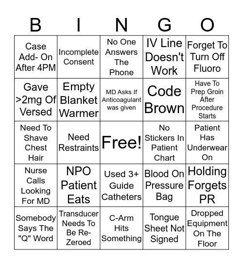 Cath Lab Bingo Card