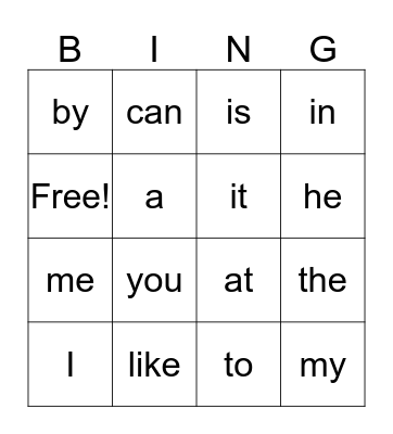 Sight Words Bingo Card