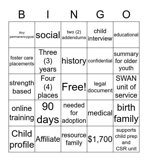 CHILD PROFILE Bingo Card