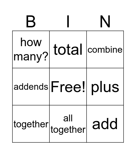 Addition Vocabulary Bingo Card