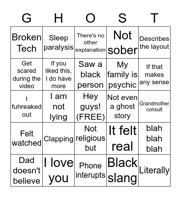 Ghost Girl Bingo Card