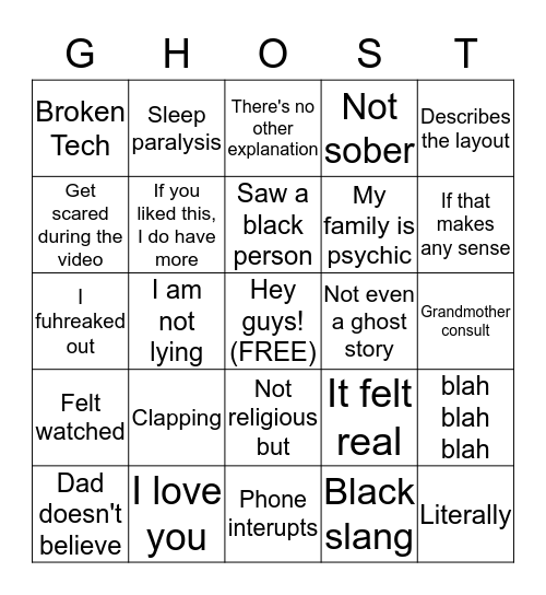 Ghost Girl Bingo Card