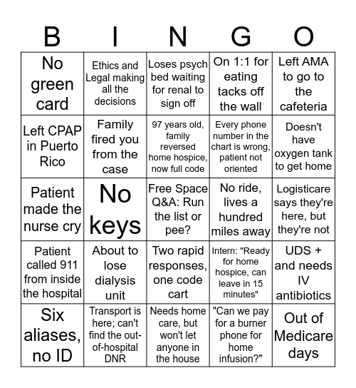 Discharge Planning Bingo Card