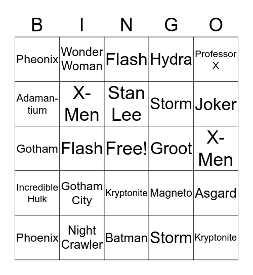 Superheroes Bingo Card