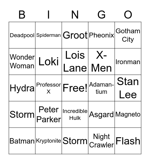 Superheroes Bingo Card