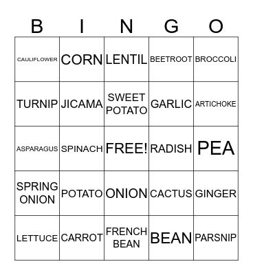 VEGETABLES, ROOTS, GRAINS AND LEAVES Bingo Card