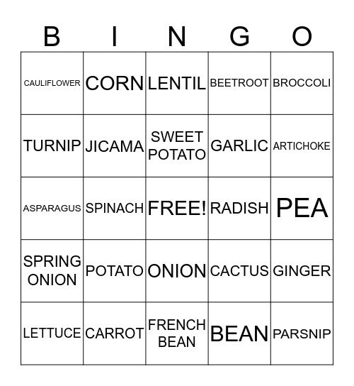 VEGETABLES, ROOTS, GRAINS AND LEAVES Bingo Card