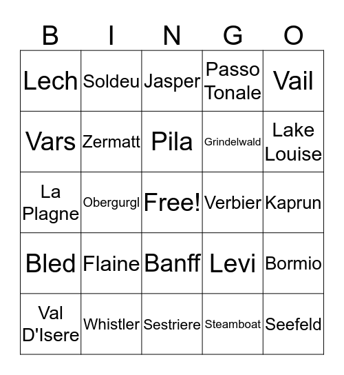 SKI RESORT BINGO Card