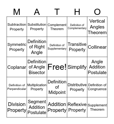 Proof Writing MATHO Bingo Card