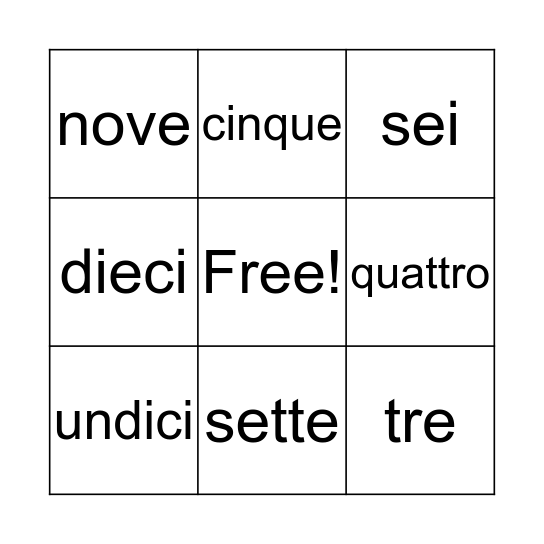 Italian Numbers Bingo Card