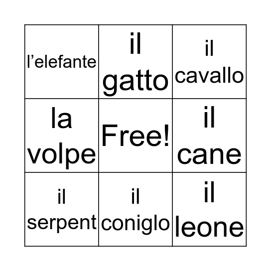 Italian Animal Names Bingo Card