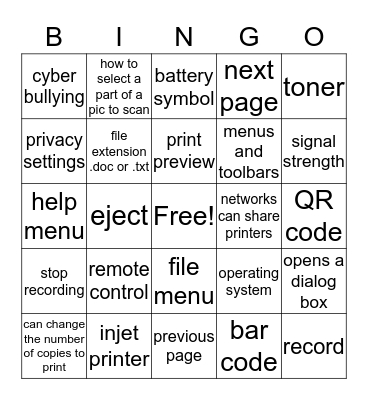 Computer and Navigational Basics Bingo Card