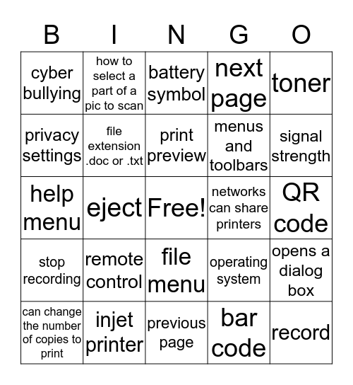 Computer and Navigational Basics Bingo Card