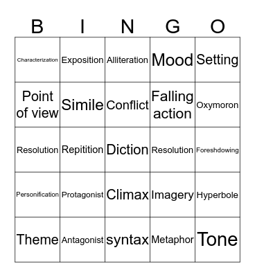 Literary term Bingo  Bingo Card