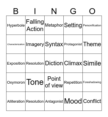 Literary term Bingo  Bingo Card