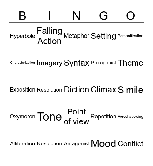 Literary term Bingo  Bingo Card