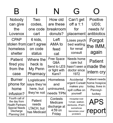 Internal Medicine Discharge Planning Bingo Card