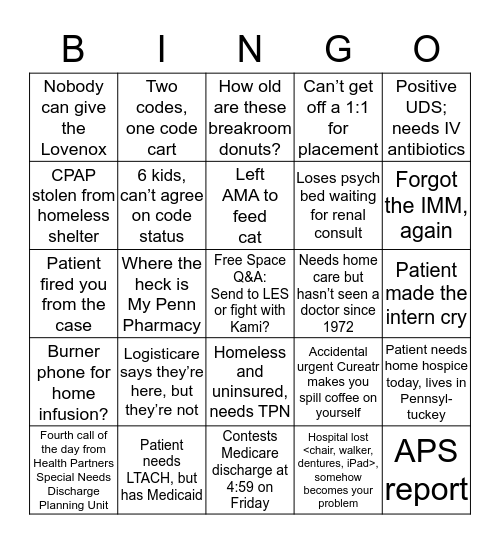 Internal Medicine Discharge Planning Bingo Card