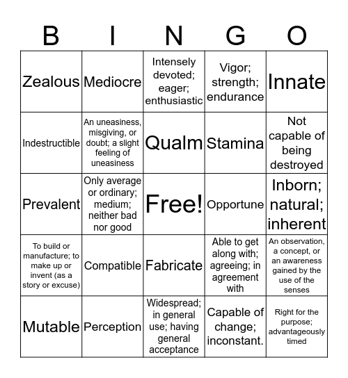 Vocab 5 Bingo Card