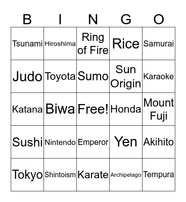 Japan Bingo Card