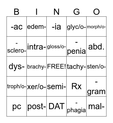 Medical Terminology Bingo Card