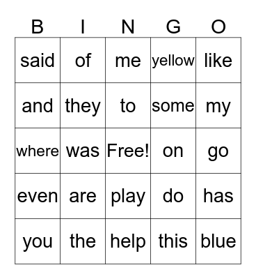 Sight Words Bingo Card