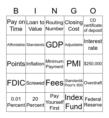 Personal Finance Bingo Card