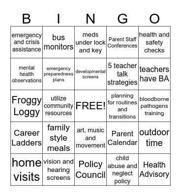 Head Start Bingo Card