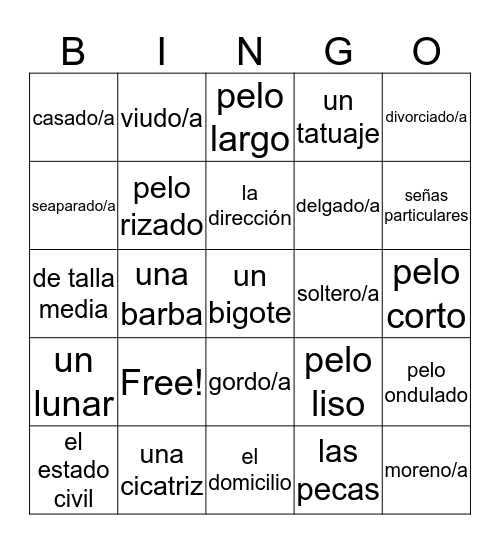 Español 4H: LP Vocabulario Bingo Card